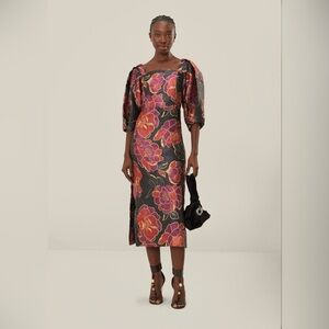 Farm Rio Black Shiny Chita Short Sleeve Midi Dress